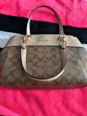 Coach Brown Signature Dome Satchel with Metallic Gold Trim